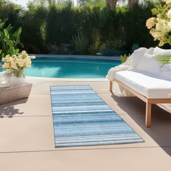 8' Runner Blue Striped Washable Non Skid Indoor Outdoor Runner Rug