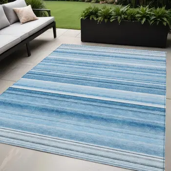 5' X 8' Blue Striped Washable Non Skid Indoor Outdoor Area Rug