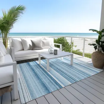 5' X 8' Blue Striped Washable Non Skid Indoor Outdoor Area Rug