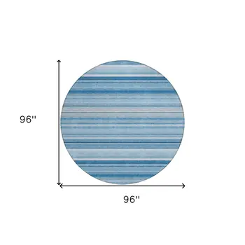 8' Round Blue Round Striped Washable Non Skid Indoor Outdoor Area Rug