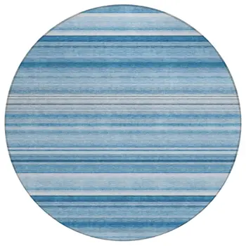 8' Round Blue Round Striped Washable Non Skid Indoor Outdoor Area Rug