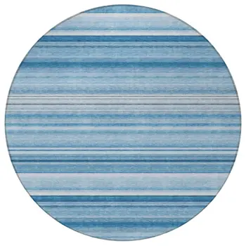 8' Round Blue Round Striped Washable Non Skid Indoor Outdoor Area Rug