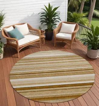 8' Round Chocolate Round Striped Washable Non Skid Indoor Outdoor Area Rug