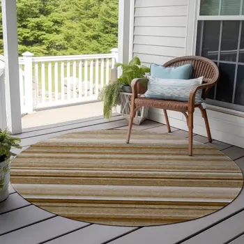 8' Round Chocolate Round Striped Washable Non Skid Indoor Outdoor Area Rug