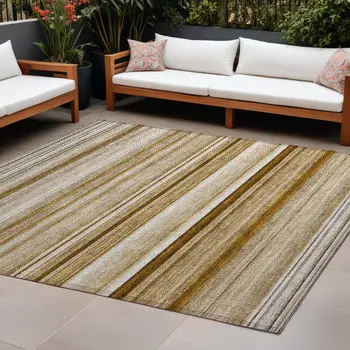 10' X 14' Chocolate Striped Washable Non Skid Indoor Outdoor Area Rug