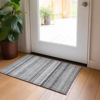 2' X 3' Gray Striped Washable Non Skid Indoor Outdoor Area Rug