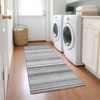 8' Runner Gray Striped Washable Non Skid Indoor Outdoor Runner Rug