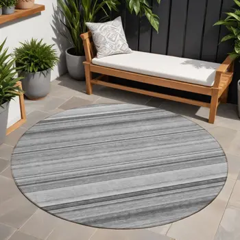 8' Round Gray Round Striped Washable Non Skid Indoor Outdoor Area Rug