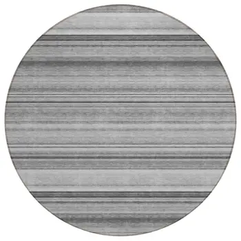 8' Round Gray Round Striped Washable Non Skid Indoor Outdoor Area Rug