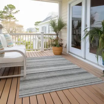 8' X 10' Gray Striped Washable Non Skid Indoor Outdoor Area Rug