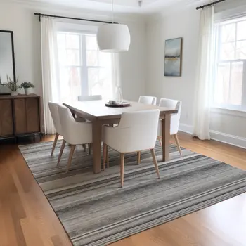 8' X 10' Gray Striped Washable Non Skid Indoor Outdoor Area Rug