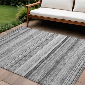 9' X 12' Gray Striped Washable Non Skid Indoor Outdoor Area Rug