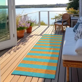 8' Runner Aqua Striped Washable Non Skid Indoor Outdoor Runner Rug