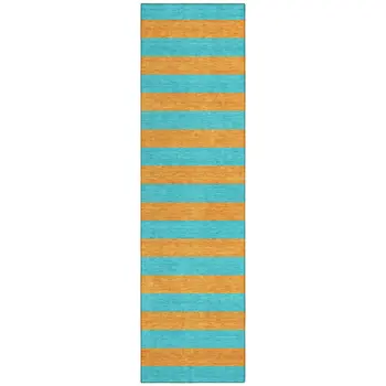 8' Runner Aqua Striped Washable Non Skid Indoor Outdoor Runner Rug