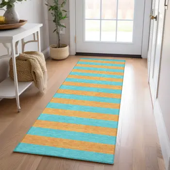 8' Runner Aqua Striped Washable Non Skid Indoor Outdoor Runner Rug