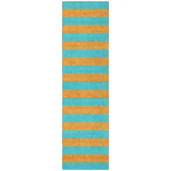8' Runner Aqua Striped Washable Non Skid Indoor Outdoor Runner Rug