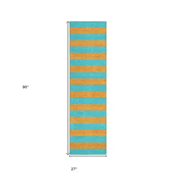 8' Runner Aqua Striped Washable Non Skid Indoor Outdoor Runner Rug