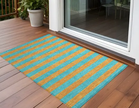 3' X 5' Aqua Striped Washable Non Skid Indoor Outdoor Area Rug