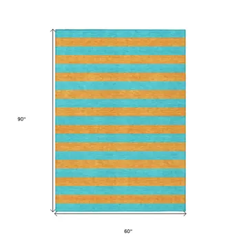 5' X 8' Aqua Striped Washable Non Skid Indoor Outdoor Area Rug