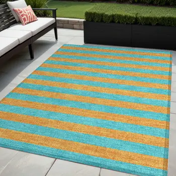 5' X 8' Aqua Striped Washable Non Skid Indoor Outdoor Area Rug