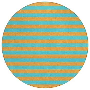 8' Round Aqua Round Striped Washable Non Skid Indoor Outdoor Area Rug