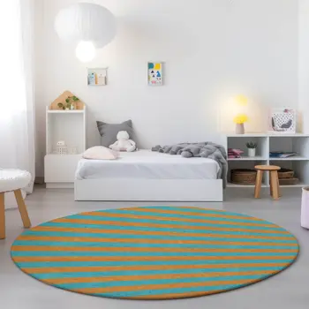 8' Round Aqua Round Striped Washable Non Skid Indoor Outdoor Area Rug