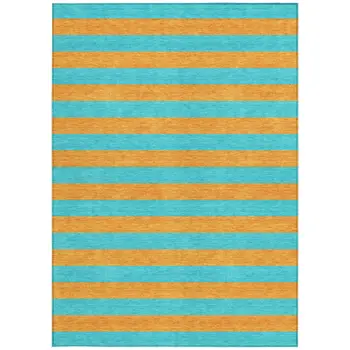 8' X 10' Aqua Striped Washable Non Skid Indoor Outdoor Area Rug