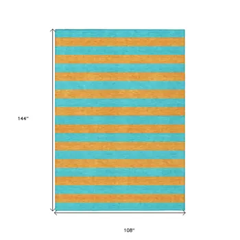 9' X 12' Aqua Striped Washable Non Skid Indoor Outdoor Area Rug