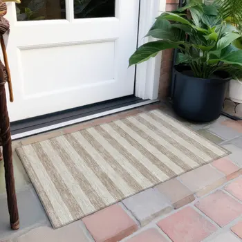 2' X 3' Beige Striped Washable Non Skid Indoor Outdoor Area Rug
