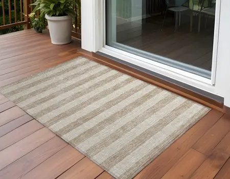 2' X 3' Beige Striped Washable Non Skid Indoor Outdoor Area Rug