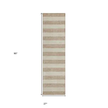 8' Runner Beige Striped Washable Non Skid Indoor Outdoor Runner Rug