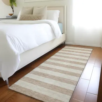 8' Runner Beige Striped Washable Non Skid Indoor Outdoor Runner Rug