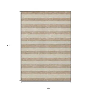 5' X 8' Beige Striped Washable Non Skid Indoor Outdoor Area Rug