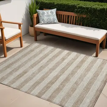 5' X 8' Beige Striped Washable Non Skid Indoor Outdoor Area Rug