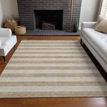 5' X 8' Beige Striped Washable Non Skid Indoor Outdoor Area Rug