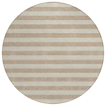 8' Round Beige Round Striped Washable Non Skid Indoor Outdoor Area Rug