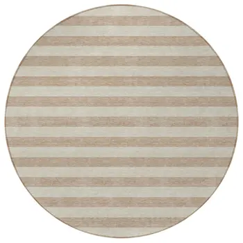 8' Round Beige Round Striped Washable Non Skid Indoor Outdoor Area Rug