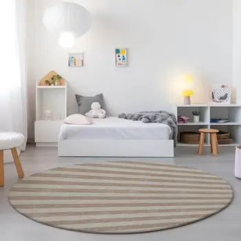 8' Round Beige Round Striped Washable Non Skid Indoor Outdoor Area Rug