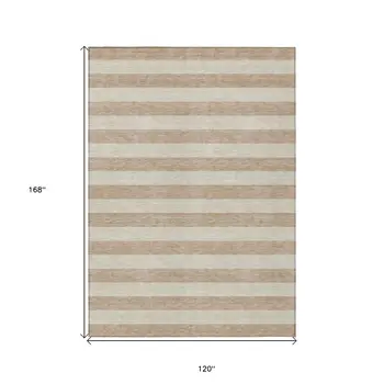 10' X 14' Beige Striped Washable Non Skid Indoor Outdoor Area Rug