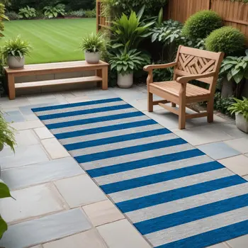 8' Runner Blue and Ivory Striped Washable Non Skid Indoor Outdoor Runner Rug