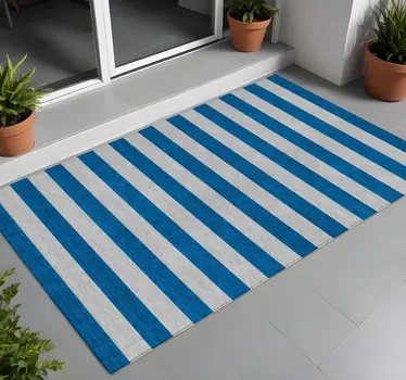 3' X 5' Blue and Ivory Striped Washable Indoor Outdoor Area Rug