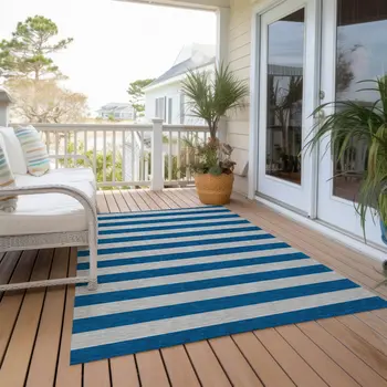 3' X 5' Blue and Ivory Striped Washable Indoor Outdoor Area Rug