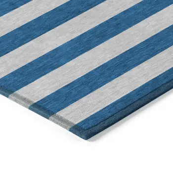 3' X 5' Blue and Ivory Striped Washable Indoor Outdoor Area Rug