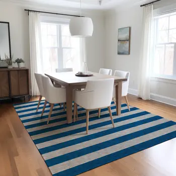 3' X 5' Blue and Ivory Striped Washable Indoor Outdoor Area Rug