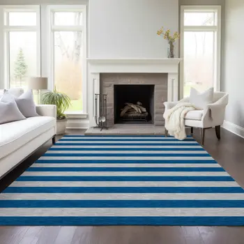 3' X 5' Blue and Ivory Striped Washable Indoor Outdoor Area Rug