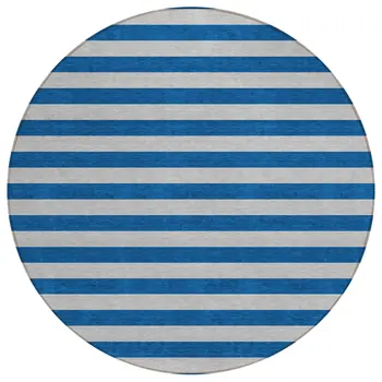 8' Round Blue and Ivory Round Striped Washable Non Skid Indoor Outdoor Area Rug