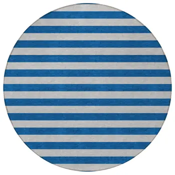 8' Round Blue and Ivory Round Striped Washable Non Skid Indoor Outdoor Area Rug