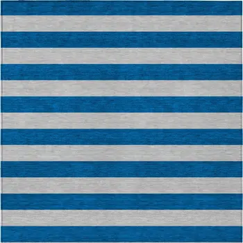 9' X 12' Blue and Ivory Striped Washable Indoor Outdoor Area Rug