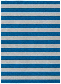 9' X 12' Blue and Ivory Striped Washable Indoor Outdoor Area Rug