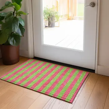 2' X 3' Green and Red Striped Washable Non Skid Indoor Outdoor Area Rug
